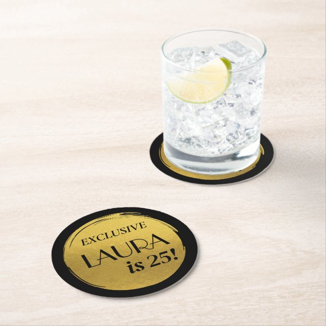 Modern Birthday Black Gold  Round Paper Coaster (Insitu)