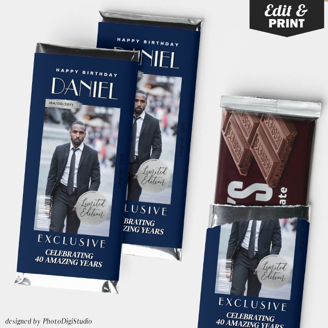 Modern Birthday Custom Magazine Cover Hershey Bar Favors (Modern Birthday Custom Magazine Cover Hershey Bar Favors Navy Blue Silver)