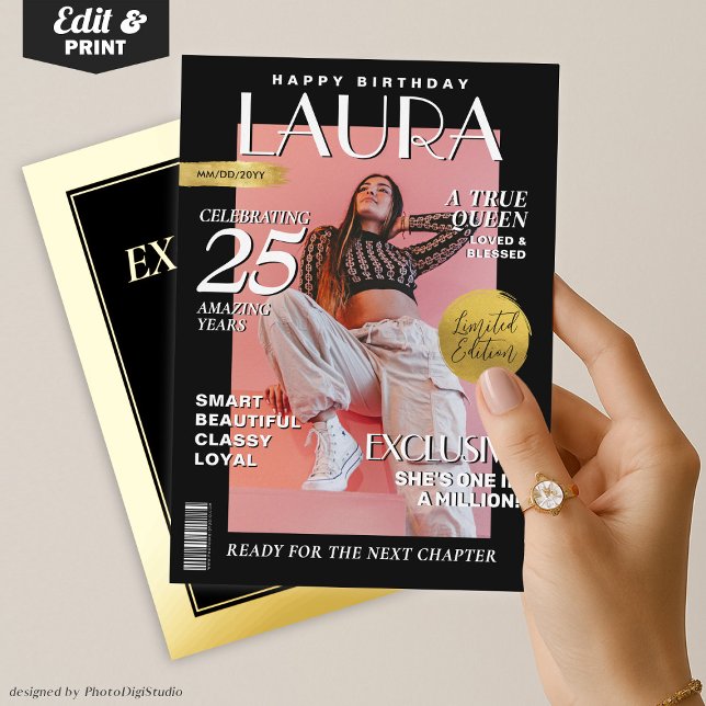 Modern Birthday Custom Magazine Cover, Portrait  Foil Invitation (Modern Birthday Custom Magazine Cover, Portrait Foil Invitation Black and Gold )