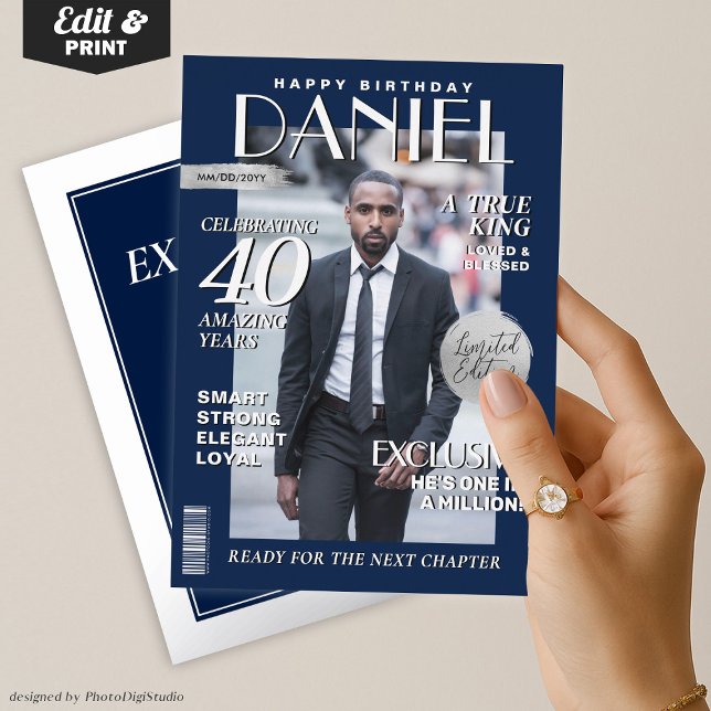 Modern Birthday Custom Magazine Cover, Portrait  Foil Invitation (Modern Birthday Custom Magazine Cover, Portrait Foil Invitation Blue and Silver)