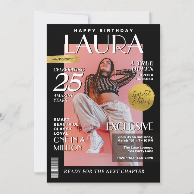 Modern Birthday Custom Magazine Cover, Portrait  Invitation (Front)