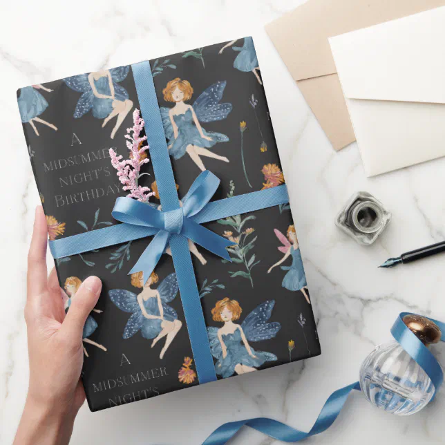 Modern Birthday Cute Whimsical Fairy Black Wrapping Paper – Kids/Baby Item