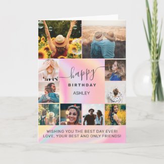 Modern birthday girly marble 11 photo collage grid card