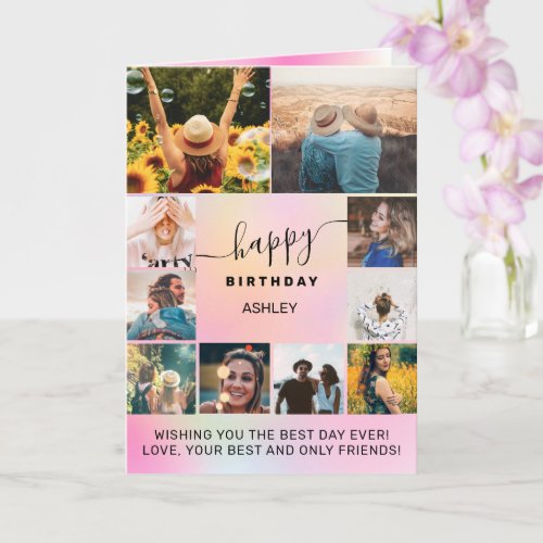 Modern birthday holographic 10 photo collage grid card