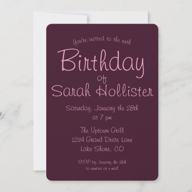 Modern Birthday Invitation ANY AGE | Pink & Maroon (Front)