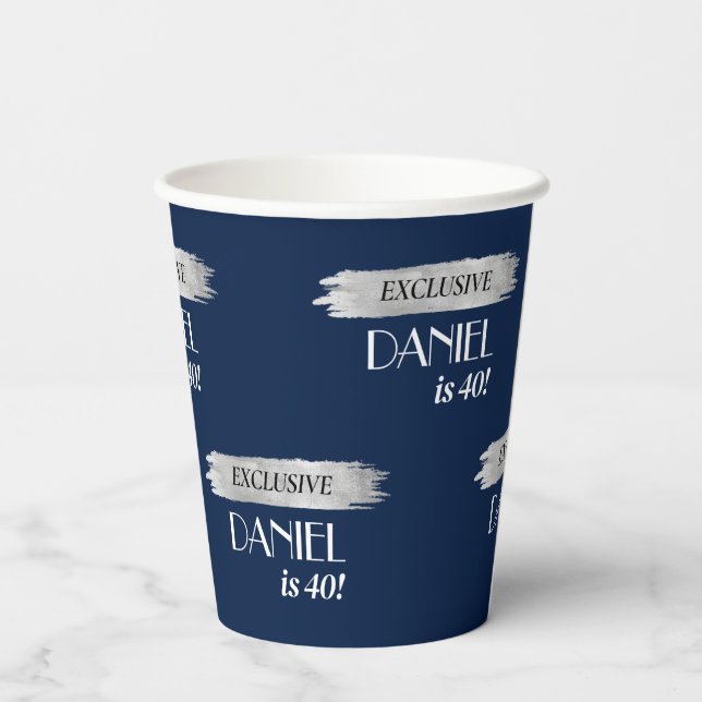 Modern Birthday Magazine Cover Blue Silver Paper Cups (Back)