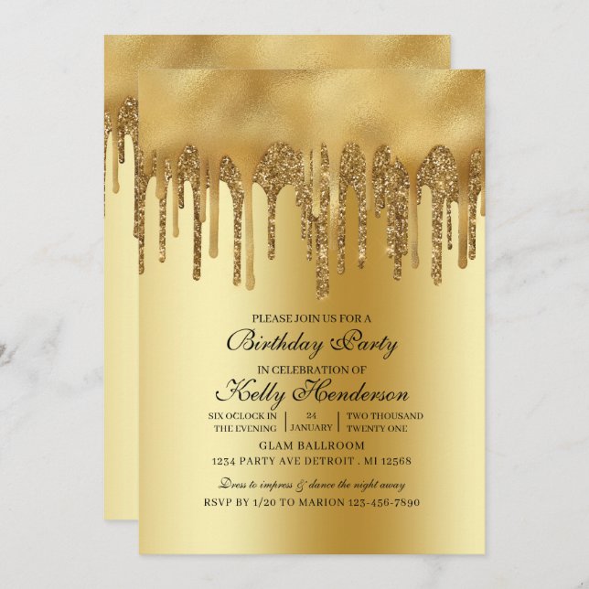 Modern Birthday Party Dripping  Gold Personalized  Invitation (Front/Back)