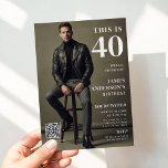 Modern Birthday Photo Magazine Cover Custom Card<br><div class="desc">Inspired by a bold birthday magazine photo cover invitation, this modern design gives his fortieth celebration a cool chic spotlight. Perfect for a gentleman or sweetheart, it highlights a strong photo and includes an easy QR code for quick details. Personalize the name, date, and message to create stylish forty 40th...</div>