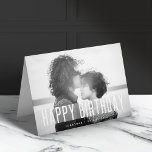Modern Birthday Photo | Name Black & White Happy Card<br><div class="desc">Beautiful photograph greeting card with a simple, modern, minimalist "Happy Birthday" quote banner on a semi-transparent overlay background. This versatile card can be personalized with your own photograph, name and birthday date to make a truly unique and bespoke card for your loved one. The inside message "Wishing you a wonderful...</div>
