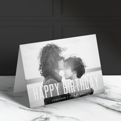Modern Birthday Photo  Name Black  White Happy Card