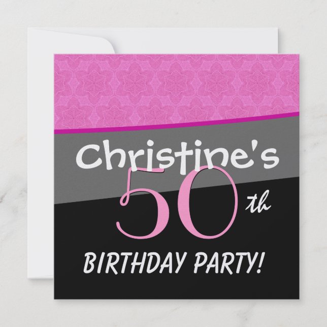 Modern Birthday Pink and Black Flower Star Pattern Invitation (Front)