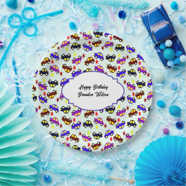 Modern Birthday Pixel Car Seamless Pattern Paper Plates (Party)