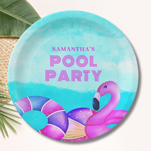 Modern Birthday Pool Party Pink Flamingo Paper Plates