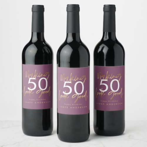 modern birthday purple and gold simple elegant  wine label