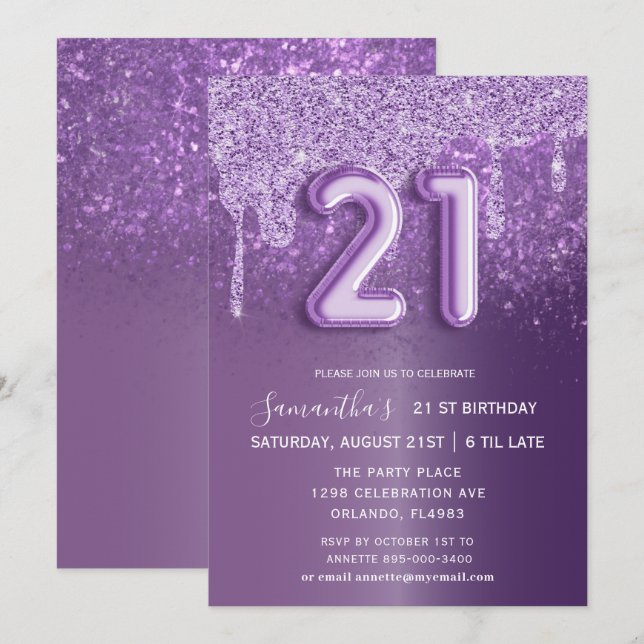 Modern Birthday Purple Glitter Balloon  Invitation (Front/Back)