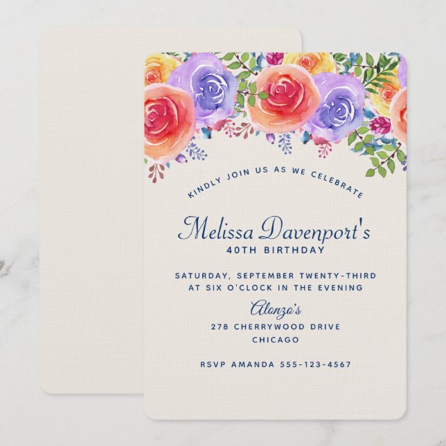 Modern Birthday Watercolor Floral Bouquet Invitation (Front/Back)