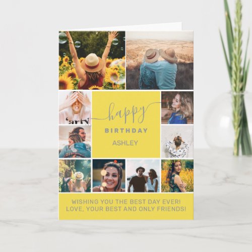 Modern birthday yellow gray 10 photo collage grid card