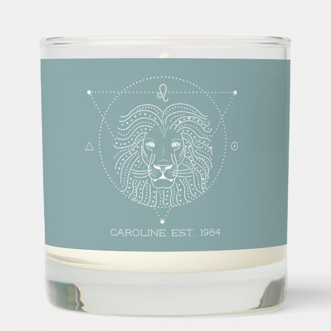 Modern Birthday Zodiac Leo Custom Message Teal Scented Candle (Front)
