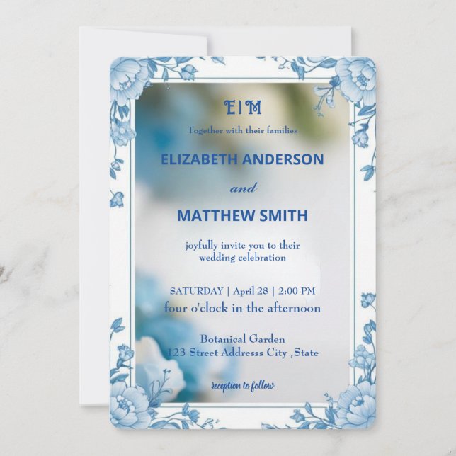 Modern Biue & White Overlay Flowers wedding Invitation (Front)