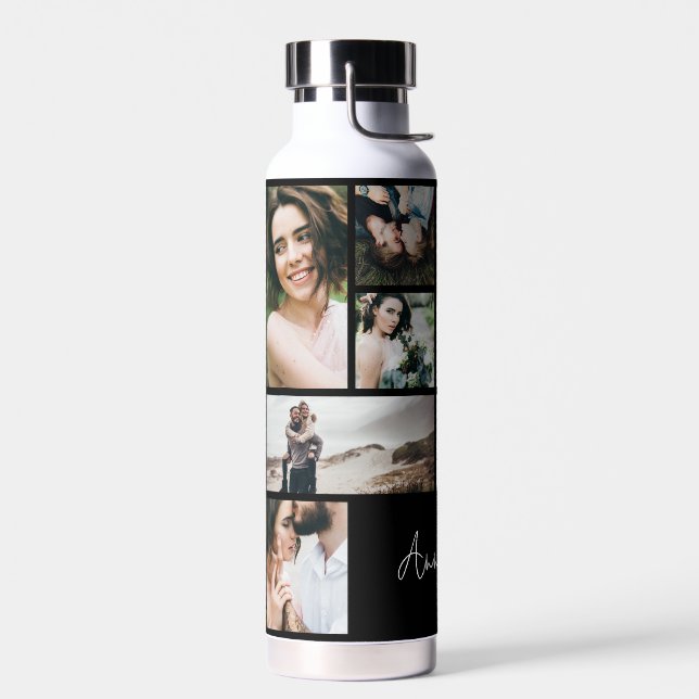 Modern black 10 photo personlaized elegant simple water bottle (Left)