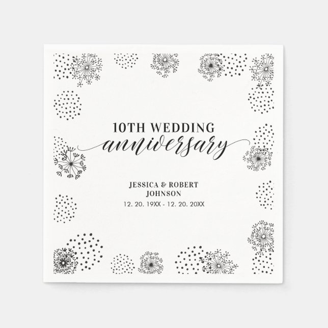 Modern Black 10th Wedding Anniversary Party Napkins (Front)