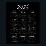 Modern black 2026 calendar poster<br><div class="desc">A modern black poster calendar,  a perfect way to start the year 2026.</div>