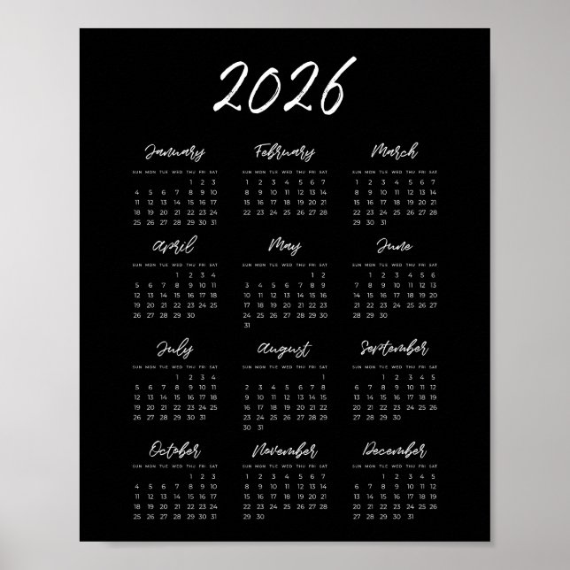 Modern black 2026 calendar poster (Front)