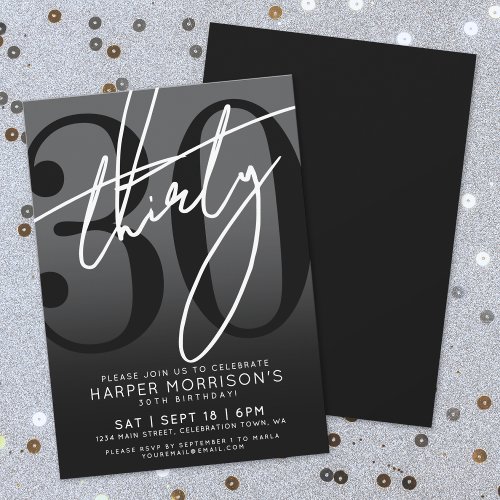 Modern Black 30th Birthday Party Invitation