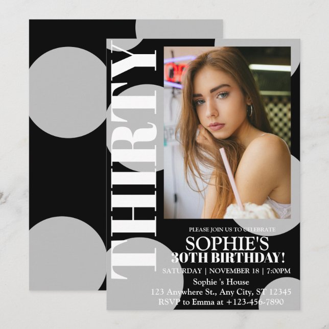 Modern Black 30th Birthday Party Photo  Invitation (Front/Back)