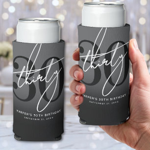 Modern Black 30th Birthday Party Seltzer Can Cooler