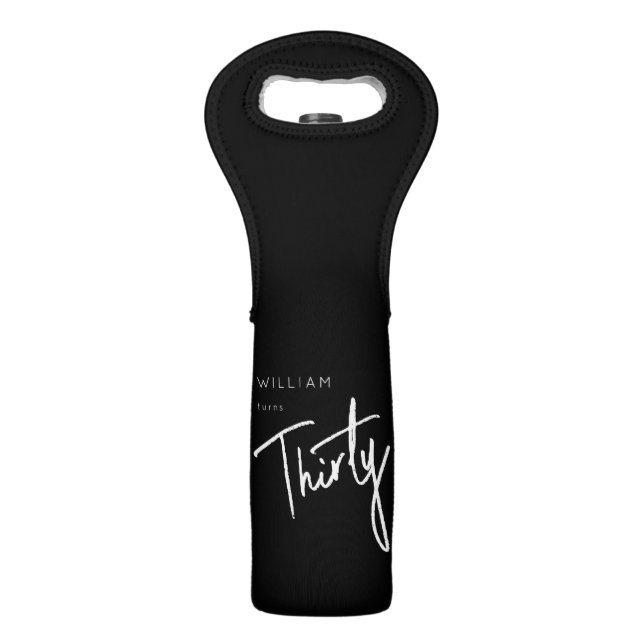 Modern Black 30th Thirty Thirtieth birthday party Wine Bag (Front)