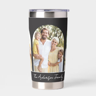Modern Black 3 Photo Arch Script Family Name Insulated Tumbler