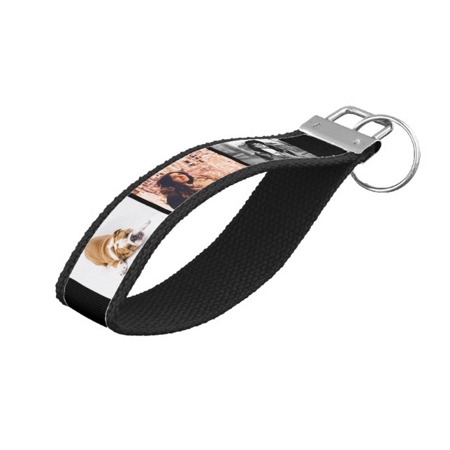 Modern Black 3 Photo Collage Monogram Wrist Keychain (Angled Up)