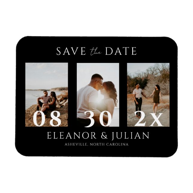 Modern Black 3 Photo Film Strip Save the Date Magnet (Horizontal)