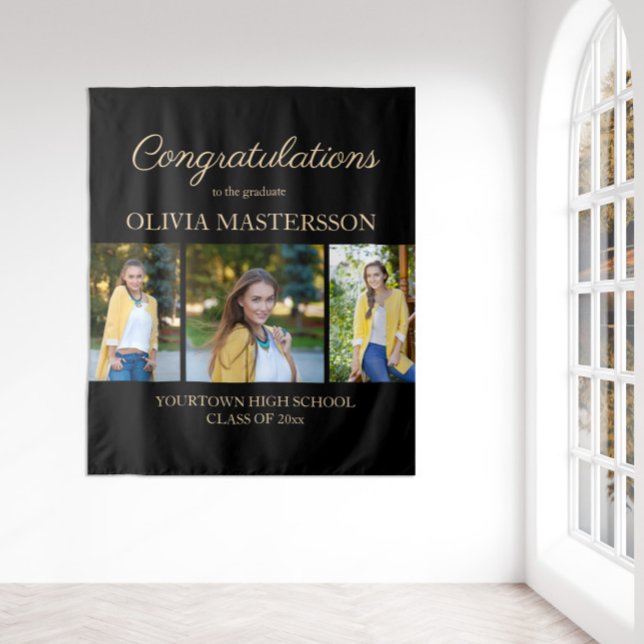 Modern Black 3 Photo Graduation Congratulations Tapestry (Black 3-photo graduation wall tapestry)
