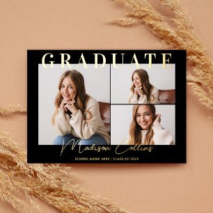 Modern Black 3 Photo Graduation Gold Foil Invitation