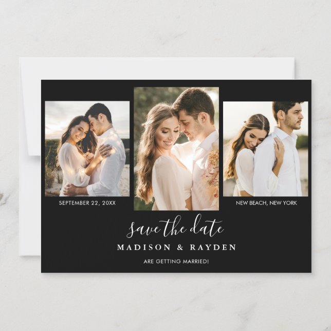 Modern Black 3 Photo Wedding Save The Date Magnetic Invitation (Front)
