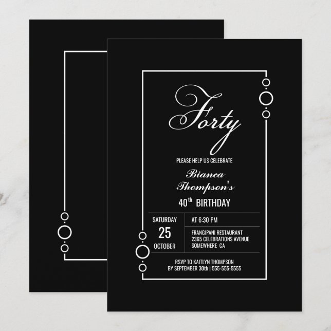 Modern Black 40th Birthday Party Invitation (Front/Back)