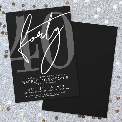 Modern Black 40th Birthday Party Invitation