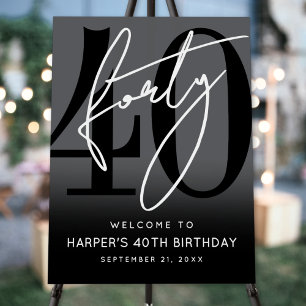 Modern Black 40th Birthday Party Welcome Sign