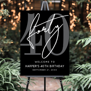 Modern Black 40th Birthday Party Welcome Sign
