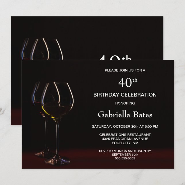 Modern Black 40th Birthday Wine Glass Party Invitation (Front/Back)