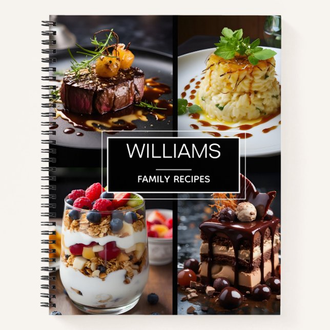 Modern Black 4 Photo Personalized Family Recipes Notebook (Front)