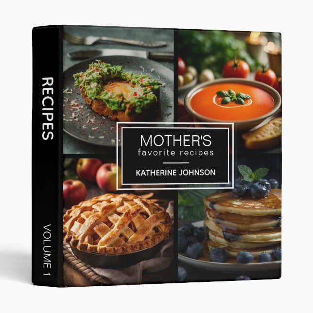 Modern Black 4 Photo Personalized Mother's Recipes 3 Ring Binder (Front/Spine)