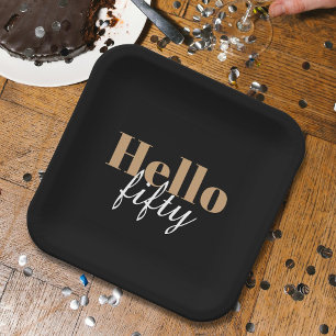 Modern Black 50th Birthday Hello Fifty Party Paper Plates