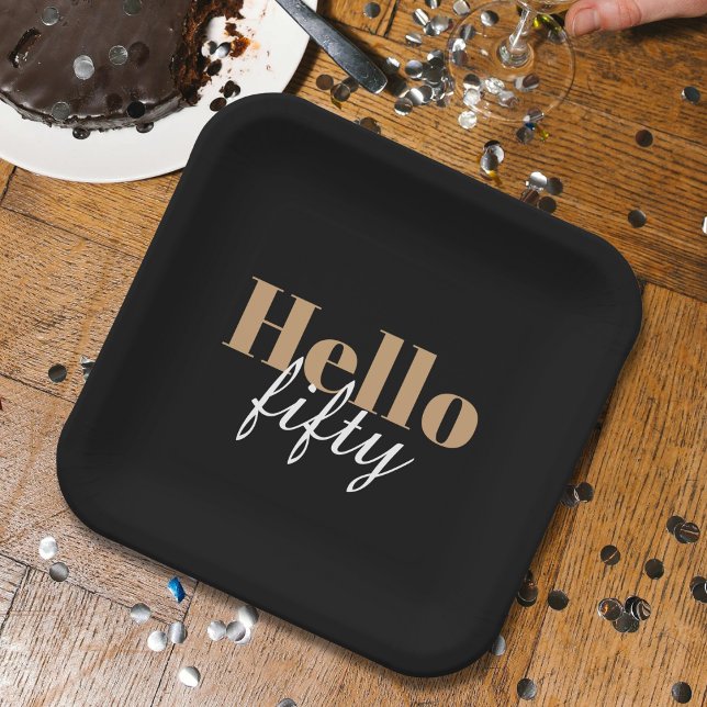 Modern Black 50th Birthday Hello Fifty Party Paper Plates (Creator Uploaded)