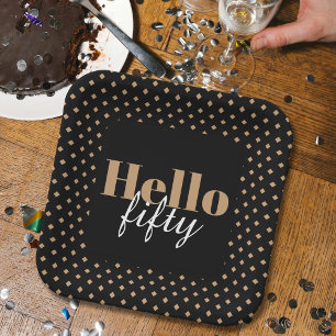 Modern Black 50th Birthday Hello Fifty Party Paper Plates