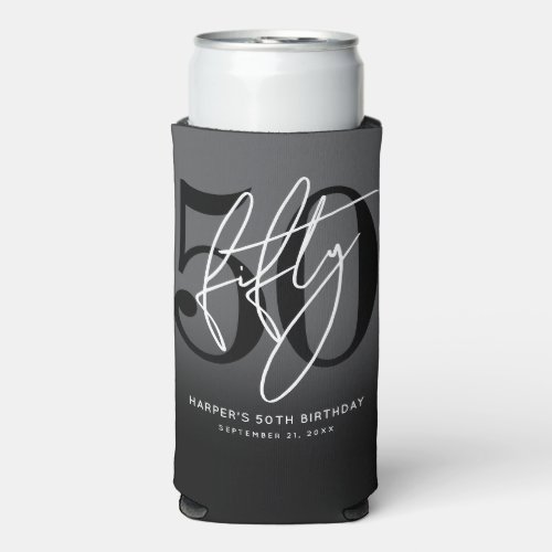 Modern Black 50th Birthday Party Seltzer Can Cooler