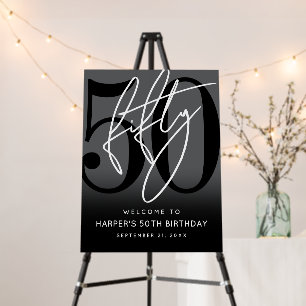 Modern Black 50th Birthday Party Welcome Sign
