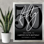 Modern Black 50th Birthday Party Welcome Sign<br><div class="desc">Modern Black and White 50th Birthday Welcome Sign. Celebrate fifty years in style with this bold and contemporary sign featuring a large black “50” with a handwritten script-style white “Fifty” at the top for a sleek, minimalist look. At the bottom, the sign reads “Welcome To [Name]’s 50th Birthday” along with...</div>